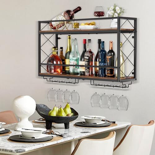 NEYCIL Wine Rack Wall Mount 2 Tier Wall Wine Rack with Glass Holder, Anti-Drop Crossbar, 31.5 Inch Metal Wine Holder for Home Kitchen Dining Room Bar, Black