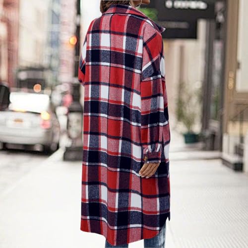 Long Plaid Shirts for Women Flannel Shacket Oversized Long Sleeve Jacket Fall Fashion Casual Button Down Trench Coat2