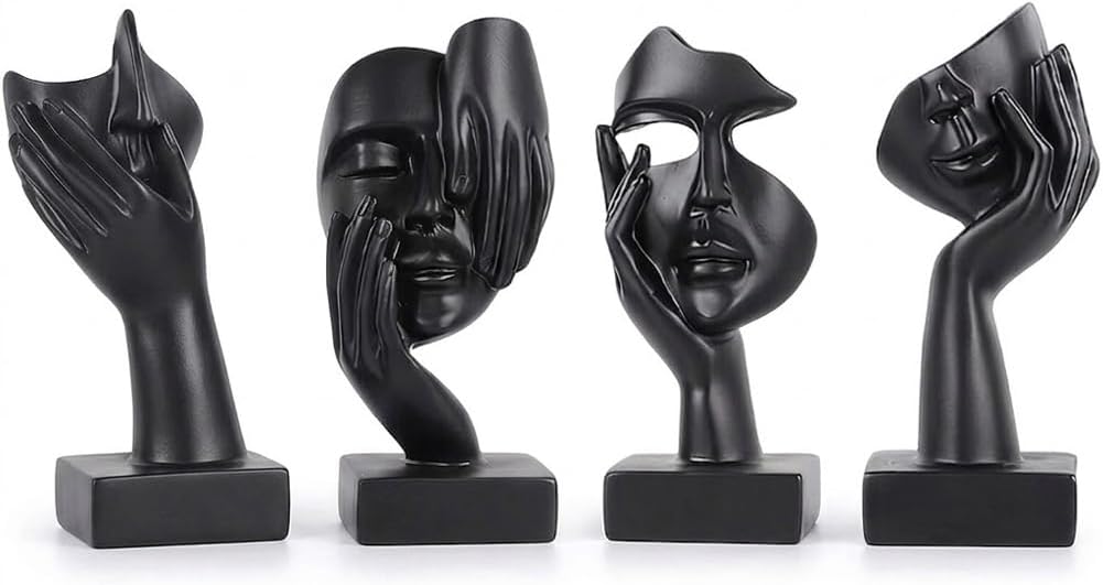 Black Abstract Thinker Sculptures Home Decor Set of 4 - Small Black Thinker Statue for Living Room Coffee Table Shelf Decor, TV Stand, Office, Bookcase, Bedroom Desk, Women Face Art Figurines Gifts