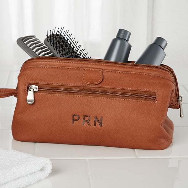 Personalization Universe Personalized Tan Leather Toiletry Bag