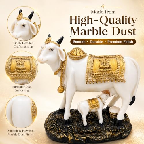 Image of ARMONIA Kamdhenu Cow with Calf Idol for Home Decor | Dust Marble Finish Gau MATA Statue | Vastu & Feng Shui Good Luck Showpiece for Living Room, Pooja Room | Wedding & Housewarming Gift (24cm)