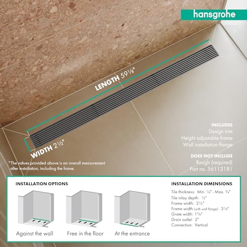 hansgrohe RainDrain Match Boardwalk Linear Shower Drain for 59 1/8\" Rough with Height Adjustable Frame in Brushed Stainless Steel, Stainless Steel Rectangle Shower Floor Drain - Thumbnail 7