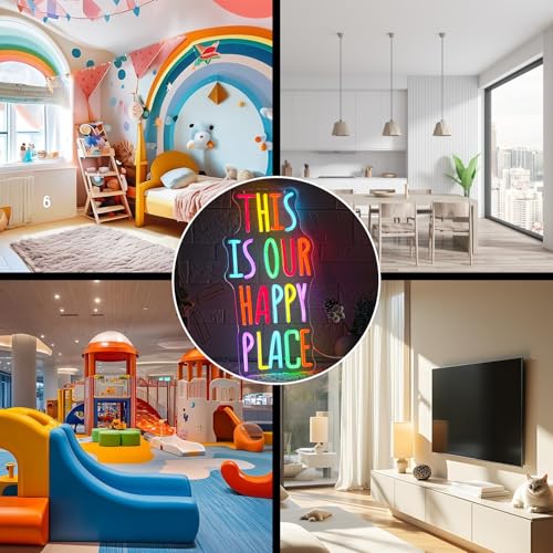 Image of This is Our Happy Place Neon Sign for Wall Decor Colorful Letter Neon Light Art LED Neon Signs with USB for Classroom,Gym,Bedroom,Children's Playground,Bar