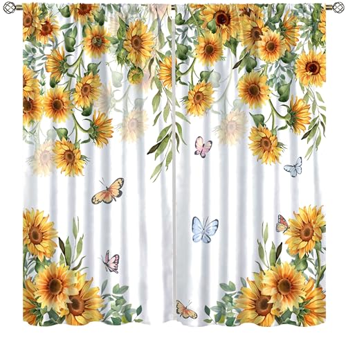 wlsgdsg Sunflower Flower Curtains for Kitchen Watercolor Natural Fresh Farmhouse Summer Sunflower Butterfly Plant Leaves Scenery Window Treatments for Girls Bedroom Living Room 42x45in（No Blackout）