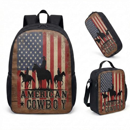 Conjunto de mochila de cowboy americano 43 cm vintage bandeira dos EUA grão de madeira estampa patriótica ocidental trio 3 peças robusta, 01, Large, Mochila estampada
