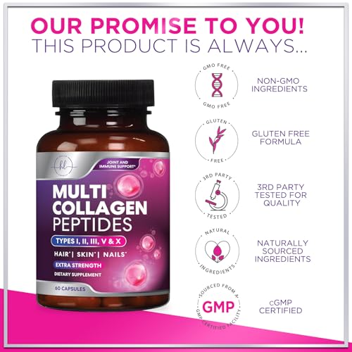 Collagen Peptides for Women & Men, Hydrolyzed Collagen Protein Type I, II, III, V & X, Hair, Skin, Nail, Bone & Joint Health Support, Multi Collagen Powder Pills with Grass Fed Collagen - 60 Capsules - Image 5