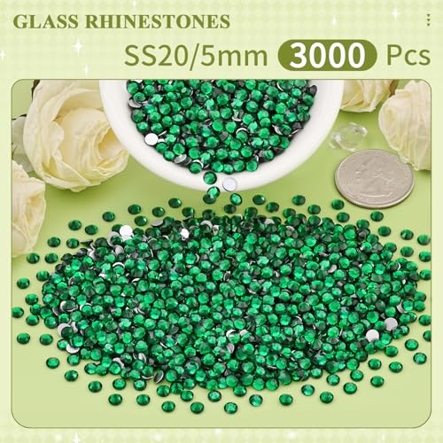 Image of 3000PCS SS20 /5mm Crystal Glass Rhinestones for Bedazzling (Emerald Green) | Flatback Rhinestones for Crafting DIY Nail Art Makeup Decoration, Gems Diomand Charms for Tumbler Shoes Clothing Mug