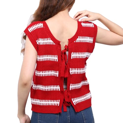 Image of PARTTELY Sweater Vest Women Casual Sleeveless Crochet Tops Color Block Tie Back Knit Tank Tops with Pockets