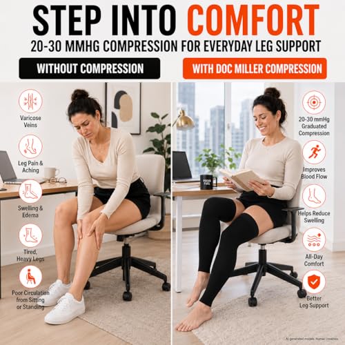 Image of Doc Miller Thigh High Compression Socks 20-30 mmHg for Women & Men, 1 Pair | Footless, Over-Knee Support Hose for Swelling, Tired Legs, Varicose & Spider Veins, Travel, Work, Pregnancy, 1 Pair