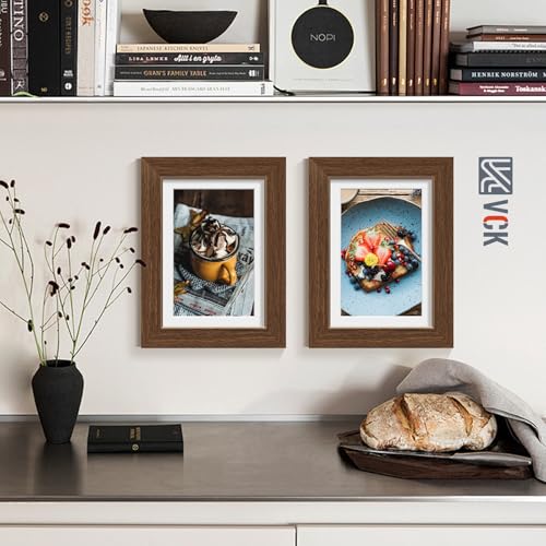 Image of VCK 5x7 Picture Frame 5 Pack, Brown Wood, 4x6 Mat, Glass, for Portrait