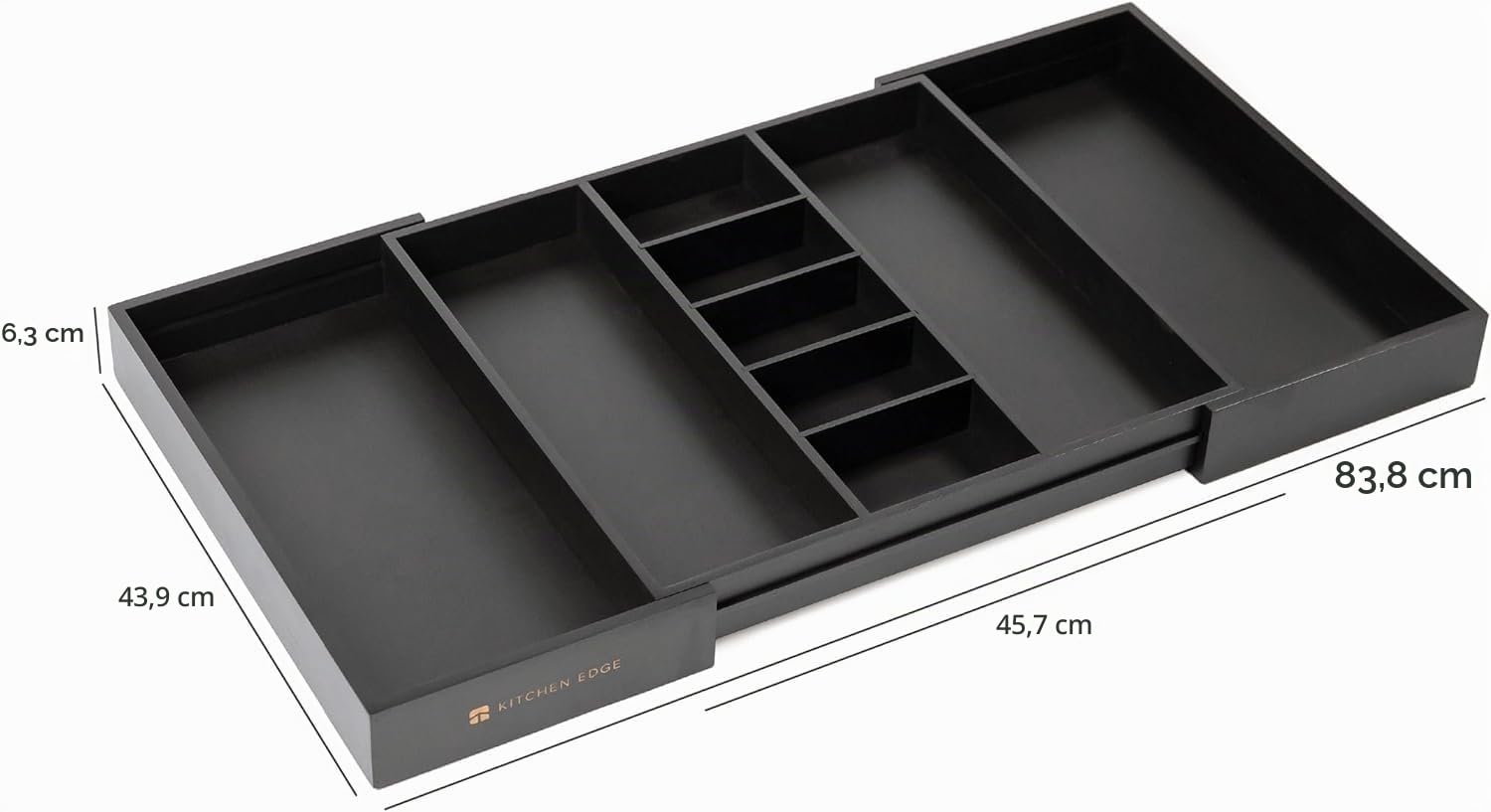 KitchenEdge Organizador de cajones de cocina ajustable para utensilios y basura, expandible de 19 a 33 pulgadas de ancho, 9 compartimentos, acabado negro de grado contrato seguro para alimentos