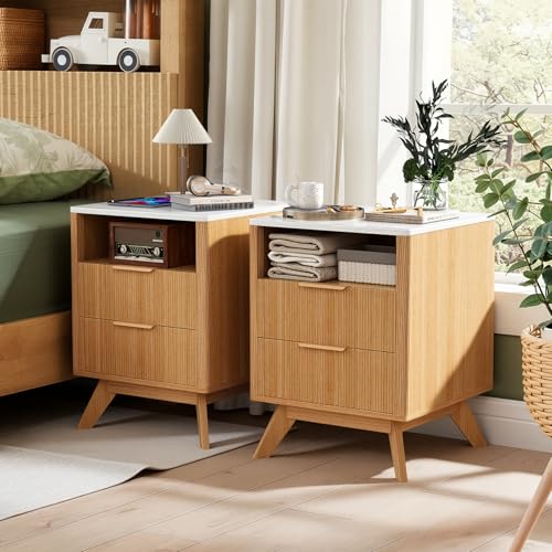 Image of Nebuaegis Nightstand,Side Table with Charging Station,Bedside Tables with Drawer,Mid-Century End Tables Set (1-Piece),Natural Oak