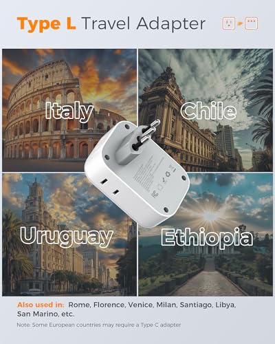 image for TESSAN Italy Travel Plug Adapter, Type L Adapter for Travel with 4 Out