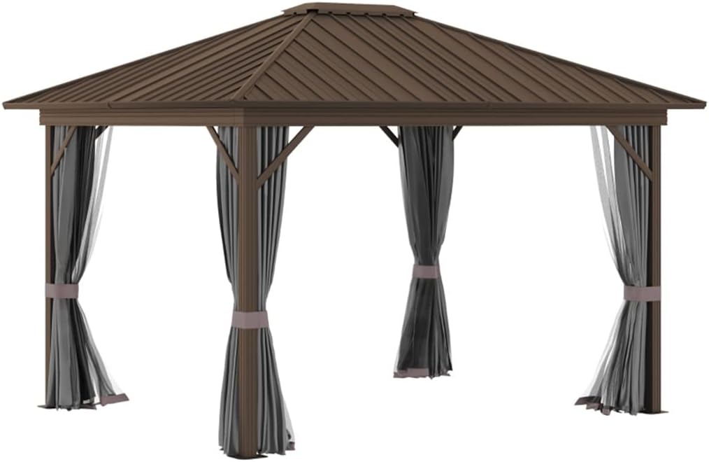 10' X 12' Outdoor Hardtop Gazebo with Aluminum Frame, Metal Roof Gazebo Canopy with Curtains and Netting