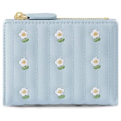 kuifang Girls Cute flowers Print Wallet, Small Tri-folded Aesthetic Wallet, PU Leather Purse Cash Pocket Card Holder ID Window Purse for Women(Blue) Cover
