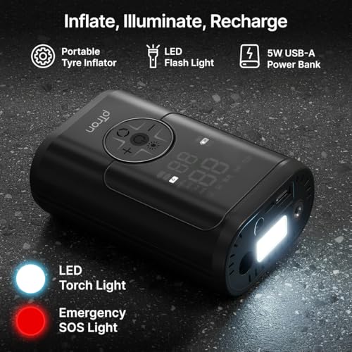 Image of pTron AerFlo X1 w /Superfast 25LPM Tyre Inflation, 150 PSI Pressure, 5000mAh Battery, Cordless Tyre Inflator for Cars & Bikes, Preset Modes, LED Flashlight, Type C Charging & Multiple Nozzles (Black)
