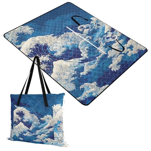 Picnic Blankets 80''x60'' Waterproof Sandproof Foldable Large Beach Blanket Outdoor Camping Mat for Travel, Grass, Lawn, Park - Third Layer, Sand-Free, Fits 2-3 Adults of lying Deep Blue Sea Waves
