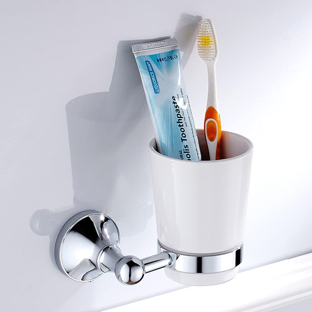 Portacepillos de dientes montado en la pared, Vaso de cerámica pared con tapa esmerilada for pasta dientes, organizador almacenamiento, cromo cepillado, latón