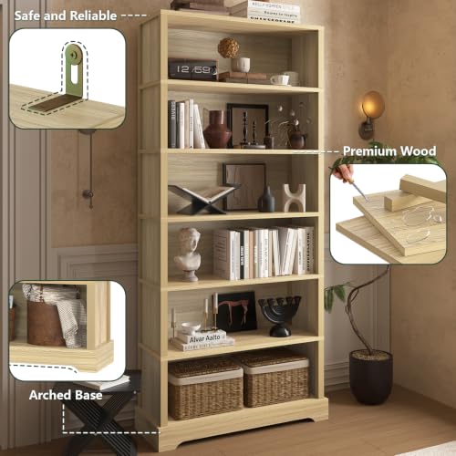 Image of TVU 6-Tier Wooden Bookshelf, 77.2 inch Tall Farmhouse Style Open Bookcase, 31.5 inch W Standing Book Shelf with Storage, Suitable for Study, Living Room, Office, Natural Wood Color