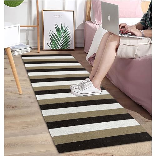 Image of 2x5 ft Cotton Runner Rug - Soft & Breathable Carpet for Indoor-Outdoor Use with Geometric Detailing