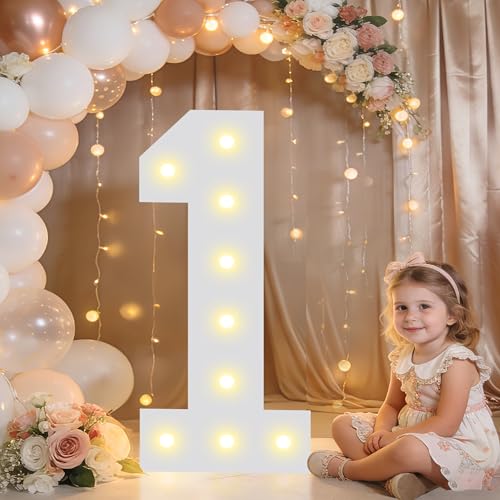 Image of Pooqla 2.4FT Light Up Numbers, Marquee Numbers 2.4 Feet Tall Party Decor for Her Him, Mosaic Big Sign for 1st 16th 21st Birthday Anniversary Decoration Backdrop, Large Pre-Cut Frame Number 1