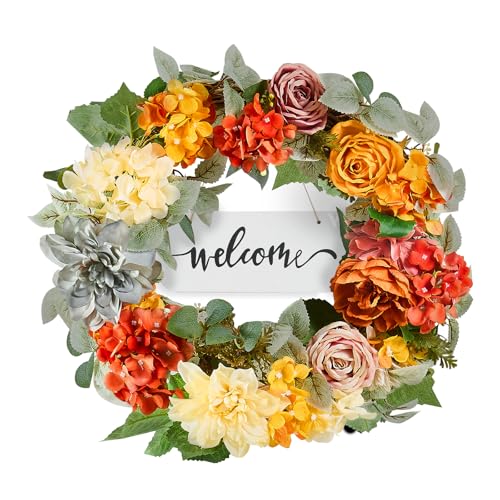 Image of VEVOR Spring Wreath for Front Door 24 Inch - Artificial Hydrangea Year-Round Wreath with Welcome Sign, All Season Outdoor Indoor Decor for Home Wall Window