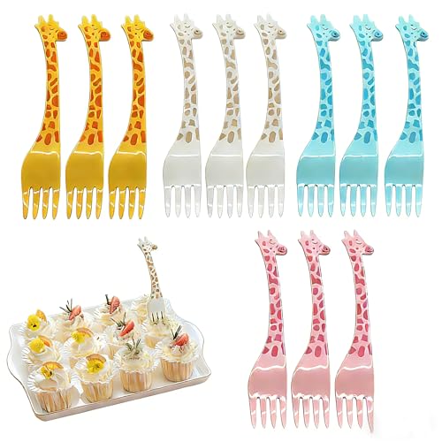 12 Stück Giraffe Zahnstocher Obstgabeln Mini Gabeln für Obstgabeln Plastik Gabel Spieße für Lunchbox, Party, Nachmittagstee, Geburtstagsfeier