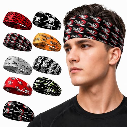 Image of 9 pcs Sweatbands for Men Workout Sport Headbands for Men Camo Headband Sweat Absorbing Headband Wide Sweatband for Head Basketball Football Cycling Running Yoga, 4.7 x 9.8 Inch
