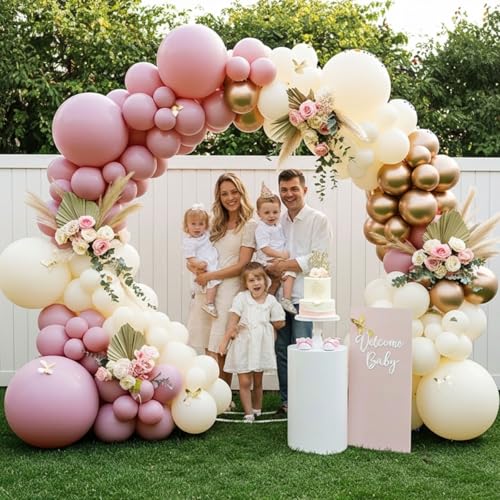 Pink Ivory White and Champagne Gold Balloon Arch Kit – Double Stuffed Dusty Pink, Blush Pink Balloon Garland Kit with Butterflies for Birthday, Baby Shower, Bridal Shower, Wedding, Boho Party Decor