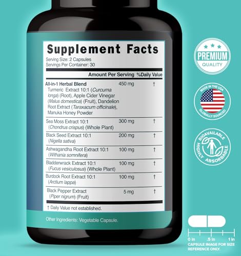 Sea Moss Capsules, All-in-One Blend with Irish Sea Moss Black Seed Oil Ashwagandha, Seamoss Pills for Immune, Thyroid & Joint Support - Gluten-Free, Non-GMO, 60 Capsules - Image 3