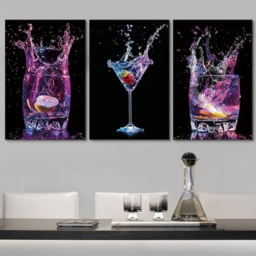 Toile peinture de cocktails et vin violet pour la décoration moderne du salon en triptyque