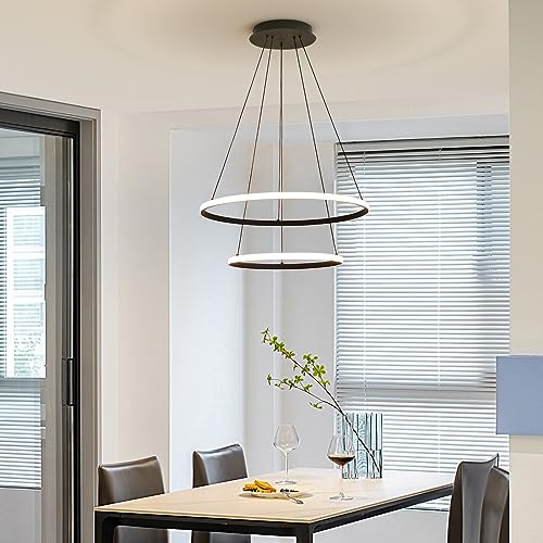 Mikeru Dimmable 3000k/4500/6500k Kitchen Island Pendant Light, Height Adjustable 1.5M Modern LED Ceiling Pendant Light, 20+40cm 2 Ring Pendant Light for Dining Room, Bedroom, Living Room