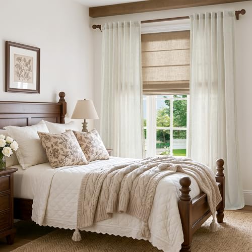 Image of jinchan Linen Curtains with Lace Trim Beige Curtains for Living Room 108 Inch Long Rod Pocket Rustic Curtains Semi Sheer Light Filtering Drapes Bedroom Dining Room Window Curtain Set 2 Panels