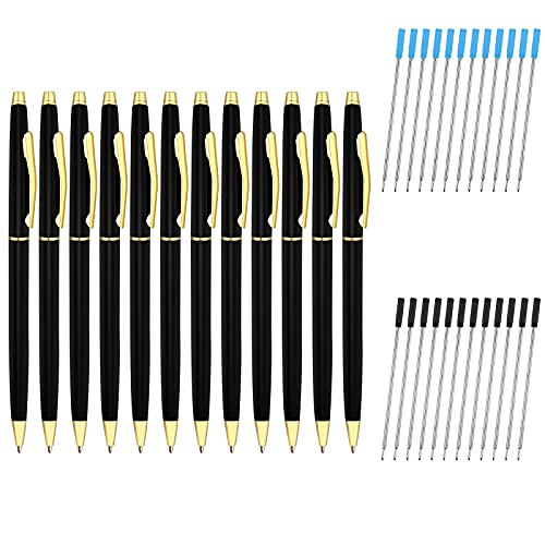 Pens & Pen Refills - 12 Premium Slim Metallic Ballpoint Retractable Black Ink Pens Plus 24 Cross Pen Refills (12 Blue, 12 Black) Smooth Writing Replaceable German Ink Refill