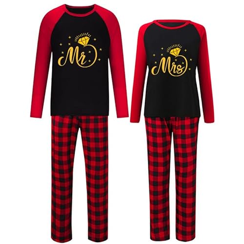 iHapHap Mr Mrs Couples Matching Pajamas Sets Long Sleeve Top and Plaids Pants Loungewear Pjs Set for Men or Women(XL,Men)