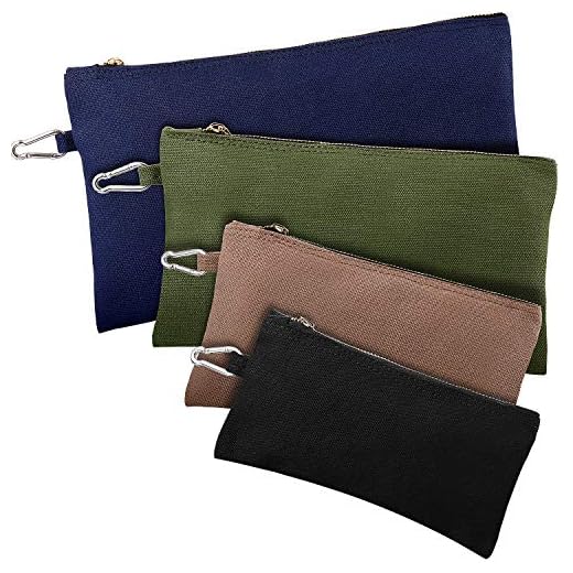4 Pack Utility Canvas Zipper Pouch 12/10/9/8 Inches Canvas Tool Bag Multipurpose Storage Organizer Heavy Duty Flat Bottom Tools Pouch Clip-on Tote Bag in Blue, Green, Khaki and Black