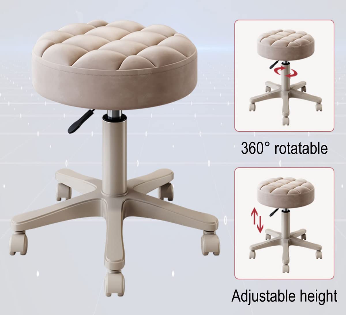 Taburete Giratorio con Ruedas silenciosas, Redondo, de Piel sintética, Altura Ajustable, Asiento Ancho de 33 cm, Ideal para salón, hogar, Oficina, masajes, Bar, tocador.