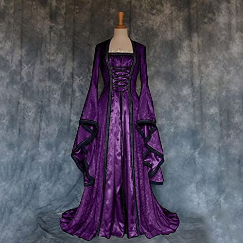 Vestido renascentista, feminino, manga flare, com renda bordada de caveira, vestido gótico de bruxa