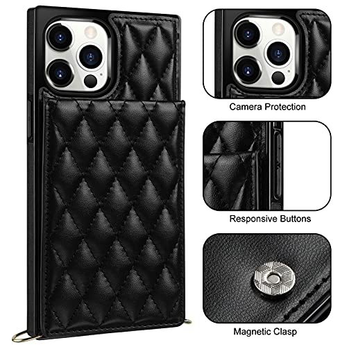 Coolden For Iphone 14 Pro Max Case Wallet 6.7" Quilted Leather Women Luxury Phone Protective Cover Crossbody Strap Kickstand Slim Square Armor Card Holder Slots Cases For Iphone 14 Pro Max Black #TOP1