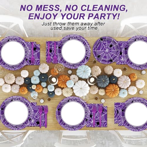 Image of Qyeahkj 100 Pcs Halloween Birthday Party Supplies Paper Plates and Napkins Set Disposable Spider Web Tableware Decorations for Halloween Theme Baby Shower Serves 25