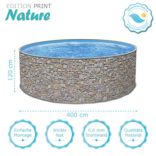 Paradies Pool Print Nature 24 Komplettset Platin rund, 400x120cm (Ø x H), Stahlwandpool Steinoptik, Poolfolie in blau 0… – Bild 4