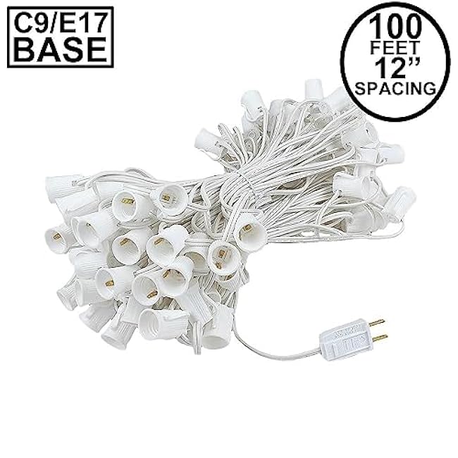 Novelty Lights 100 Foot C9 Outdoor String Light Christmas Stringer - Patio String Lights - Intermediate Base (C9/E17) - 12 Spacing - White Wire
