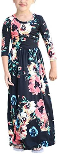 Dongpai Girls 3/4 Sleeve Floral Maxi Dress Pleated Casual Swing Long Maxi Holiday Dress with Pockets