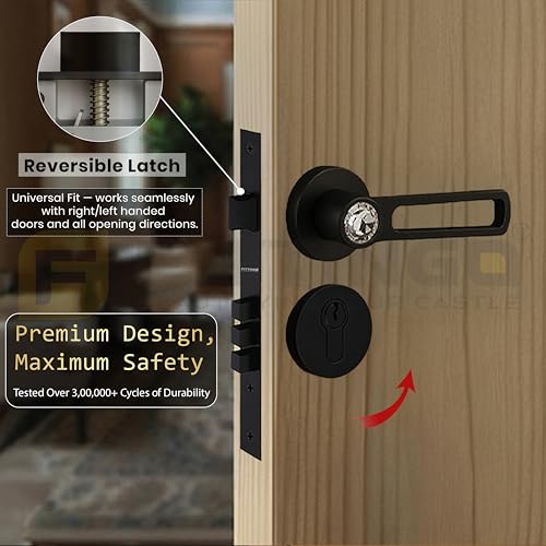 Image of Nice Mortise Door Handle Lock Set /Premium Zinc Alloy Door Handle with Locks /Heavy-Duty Main Door Handle with Lock for Home, Office & Hotel Doors - 3 Years Warranty (Black Matt)