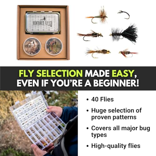 Image of Ventures Fly Co. | Starter Packages | 23 Fly Fishing Accessories Complete Gear Combo | Perfect Beginner Kit | Includes Rod, Reel, Line, Flies, Leader, Tippet, Forceps, Nipper, Floatant & Net