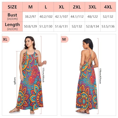 Robe longue à bretelles spaghetti mandala dos nu pour femme élégante