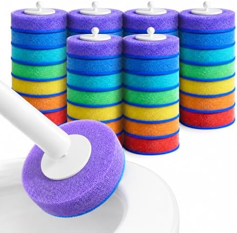 Disposable Toilet Brush and Holder Set - Hands-Free Eject Sponge Toilet Wand with Floor Standing Caddy, Secure-Lock Hangable 