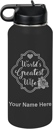 Miniatura 75 de LaserGram Botella de agua de doble pared de 32 onzas con popote, la mejor esposa del mundo, grabado personalizado incluido (gris) Gris,Negro -,Verde