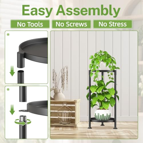 Image of iDavosic.ly 2 Tier Plant Stand Indoor with 10 Inch Wide Tray, Tiered Corner Metal Outdoor Flower Display Holder, Vertical Tall Rack for Patio Porch Living Room, Modern Black