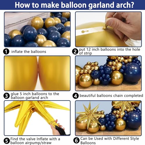 Image of Navy Blue and Gold Balloons Arch Garland Kit, 5 10 12 18 inch Royal Blue Gold Balloons with Explosion Star Balloons 101pcs Balloons for Anniversary Wedding New Year Birthday Party Decorations